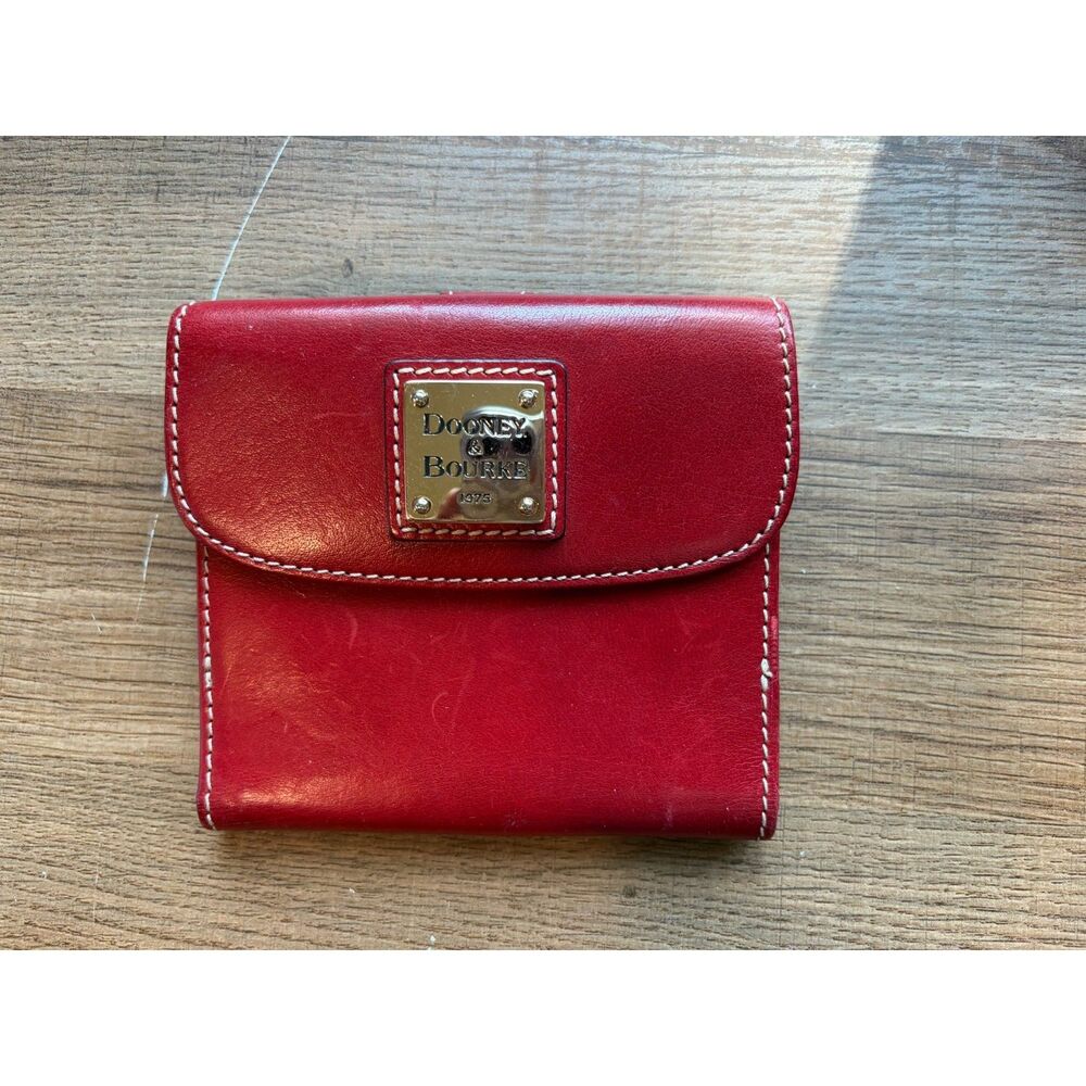 Dooney & Bourke Red Leather Trifold Wallet Gold Logo Plate GUC